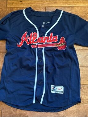 Majestic Navy Atlanta Baseball Jersey with Red Script